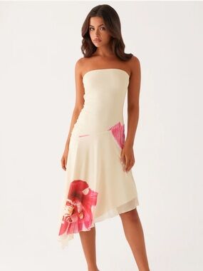 Peppermayo Cream Strapless Asymmetric Dress with Pink Floral Detail